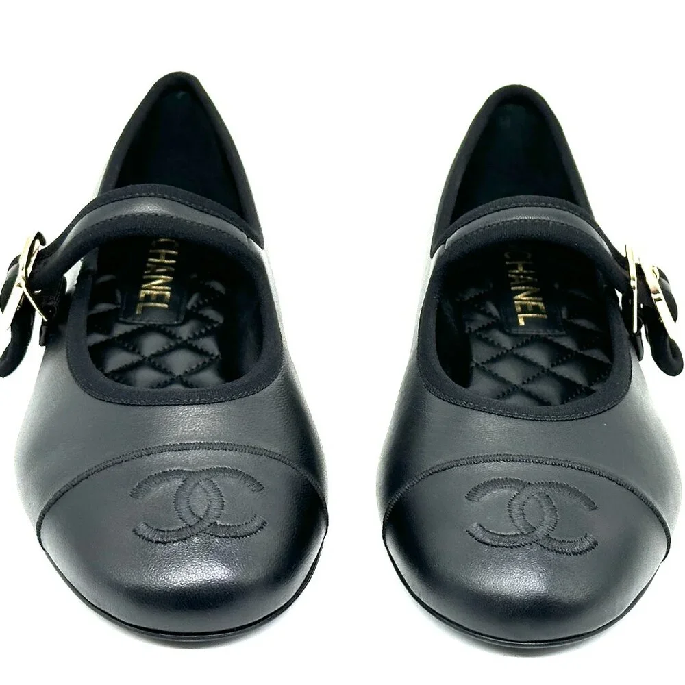 CHANEL REV CC Logo Leather Mary Jane Ankle Strap Flat Ballerina Shoes Black - Picture 5 of 15